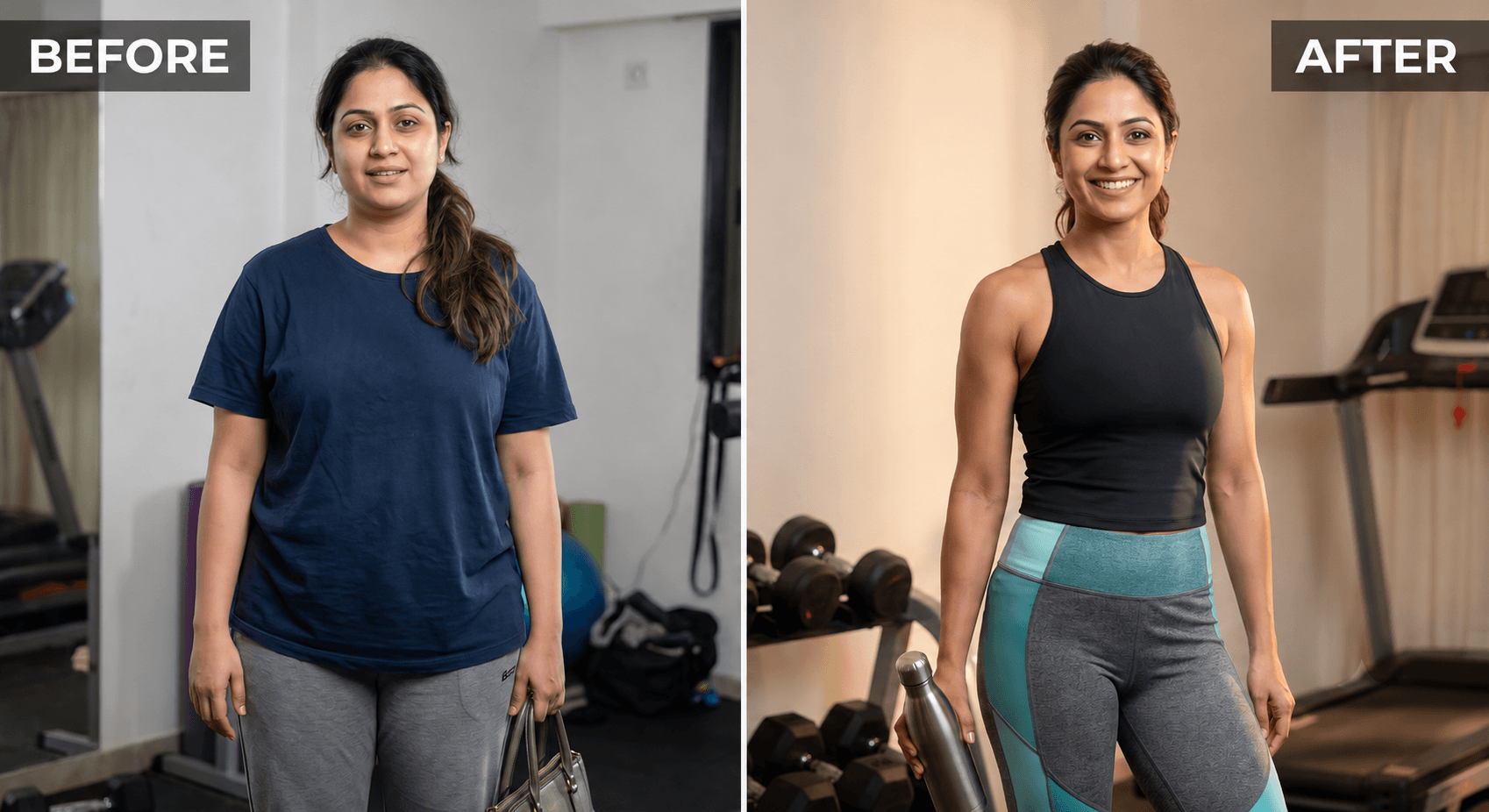 Before and after progress example showing a woman’s transformation