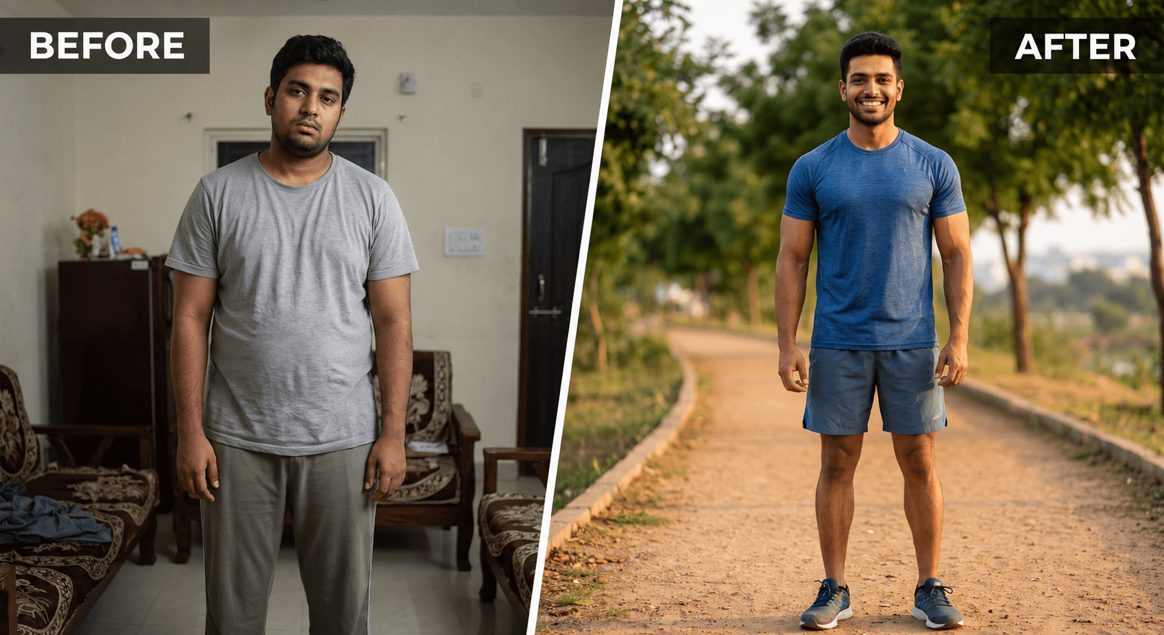 Before and after progress example showing a man’s transformation